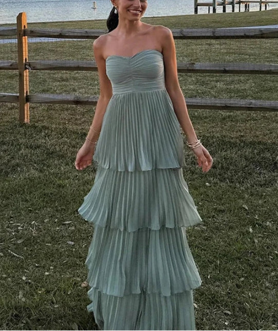 Luolandi Dusty Green Strapless A-Line Tiered Long Prom Dress Evening Gown Off Shoulder Party Dress Formal Dress